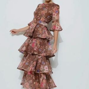 NWT Boutique Ina Organza Cascading Ruffle Maxi Dress Fawn Tuckernuck Sz S M L